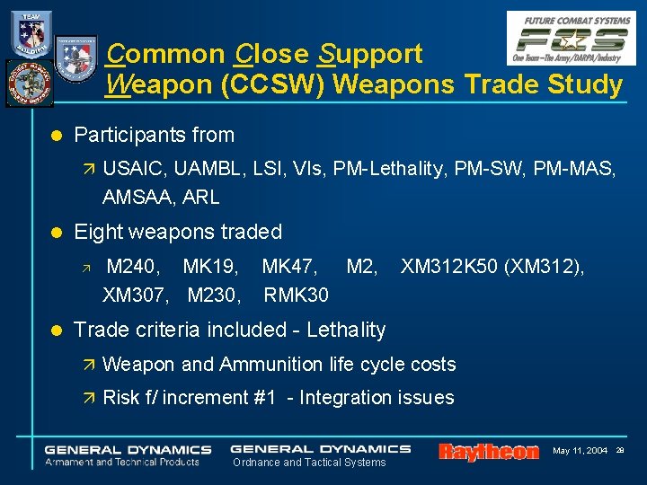 Common Close Support Weapon (CCSW) Weapons Trade Study l Participants from ä USAIC, UAMBL,