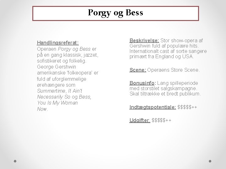 Porgy og Bess Handlingsreferat: Operaen Porgy og Bess er på en gang klassisk, jazzet,