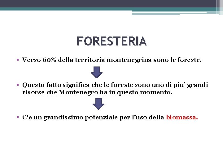 FORESTERIA § Verso 60% della territoria montenegrina sono le foreste. § Questo fatto significa