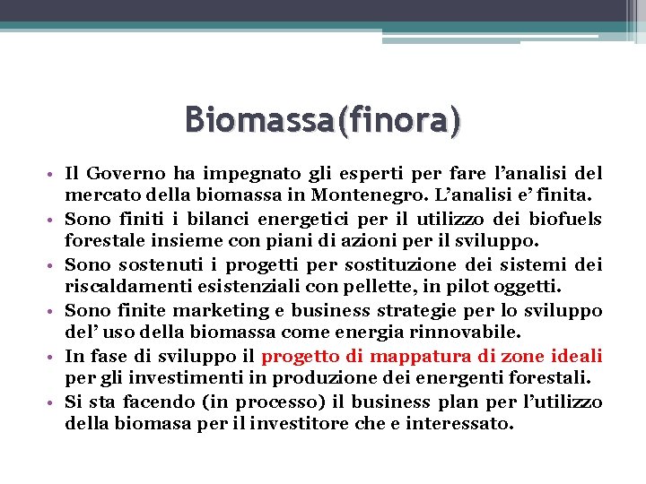 Biomassa(finora) • Il Governo ha impegnato gli esperti per fare l’analisi del mercato della