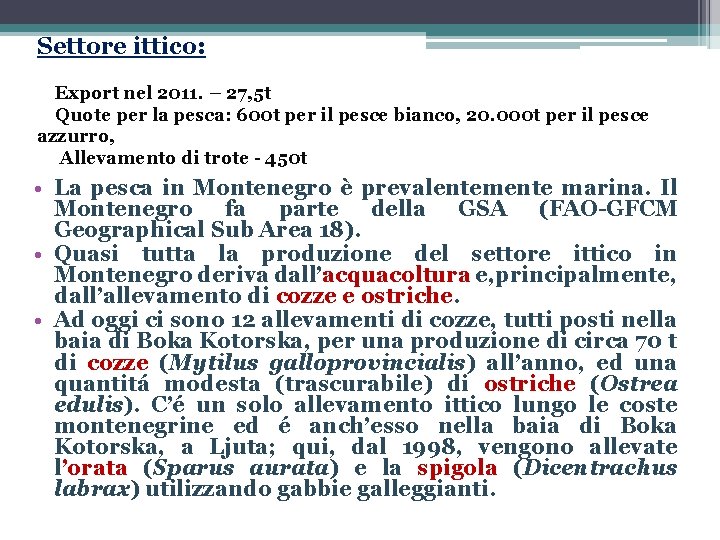 Settore ittico: Export nel 2011. – 27, 5 t Quote per la pesca: 600