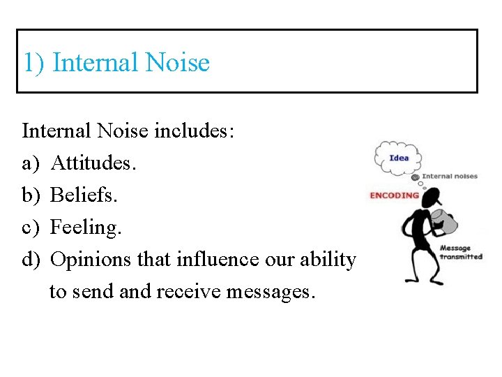 1) Internal Noise includes: a) Attitudes. b) Beliefs. c) Feeling. d) Opinions that influence