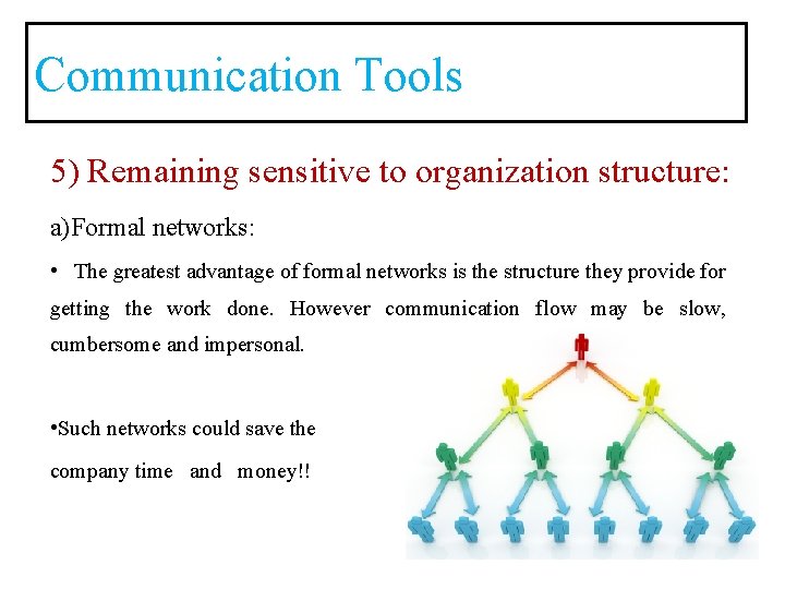 Communication Tools 5) Remaining sensitive to organization structure: a)Formal networks: • The greatest advantage
