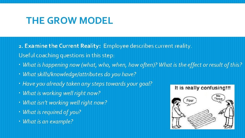 THE GROW MODEL 2. Examine the Current Reality: Employee describes current reality. Useful coaching