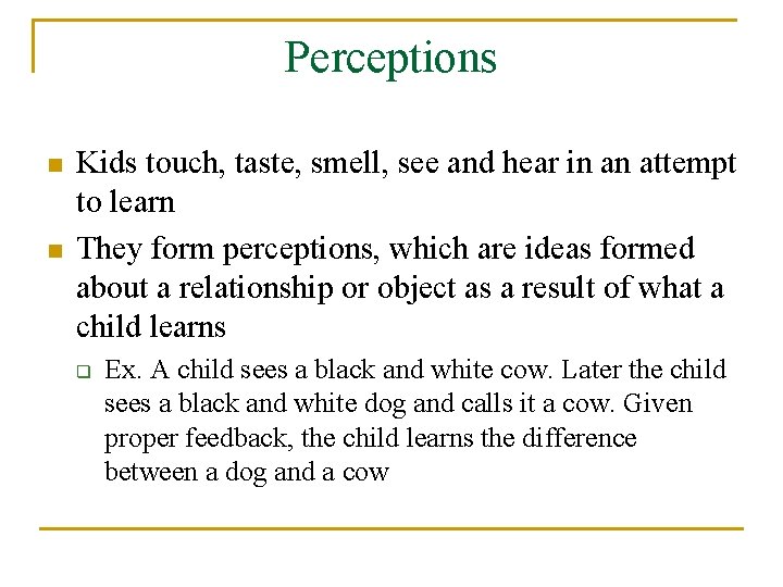 Perceptions n n Kids touch, taste, smell, see and hear in an attempt to