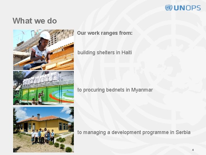 What we do Our work ranges from: building shelters in Haiti to procuring bednets