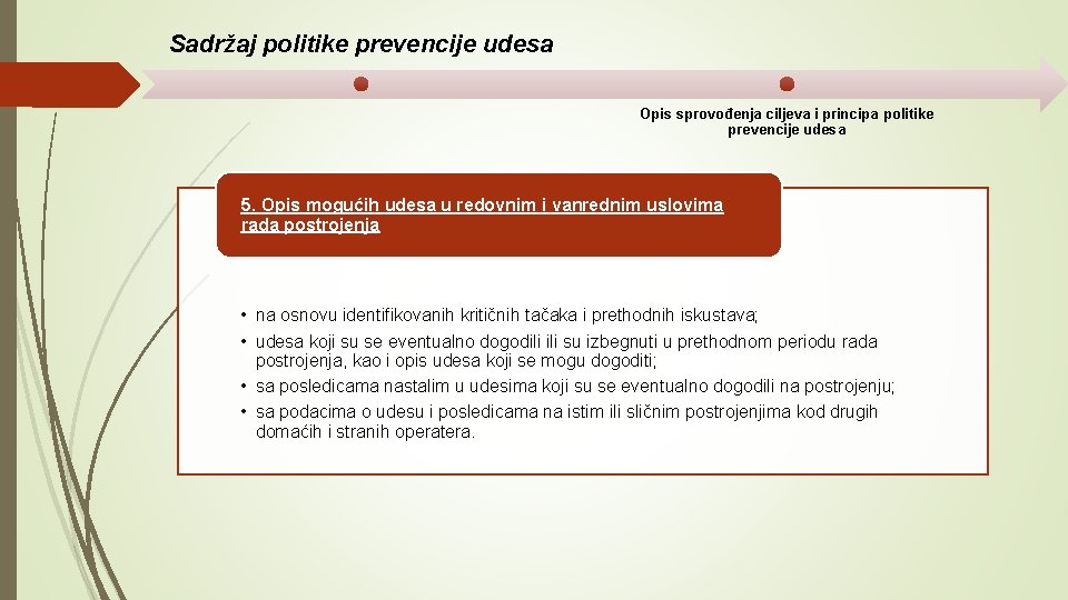 Sadržaj politike prevencije udesa Opis sprovođenja ciljeva i principa politike prevencije udesa 5. Opis