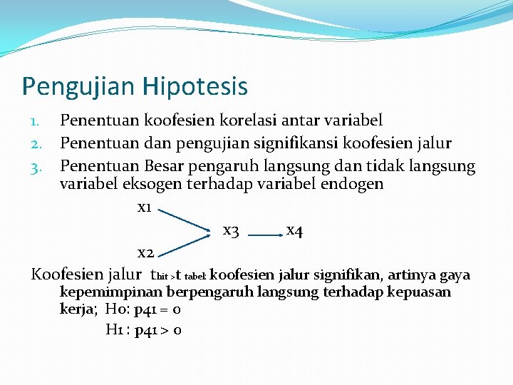 Pengujian Hipotesis 1. Penentuan koofesien korelasi antar variabel 2. Penentuan dan pengujian signifikansi koofesien