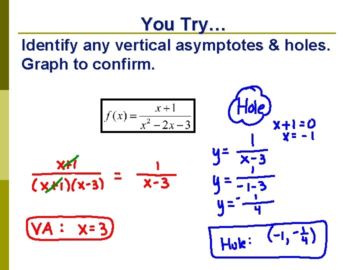 You Try… Identify any vertical asymptotes & holes. Graph to confirm. 