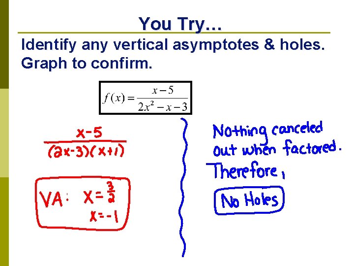 You Try… Identify any vertical asymptotes & holes. Graph to confirm. 