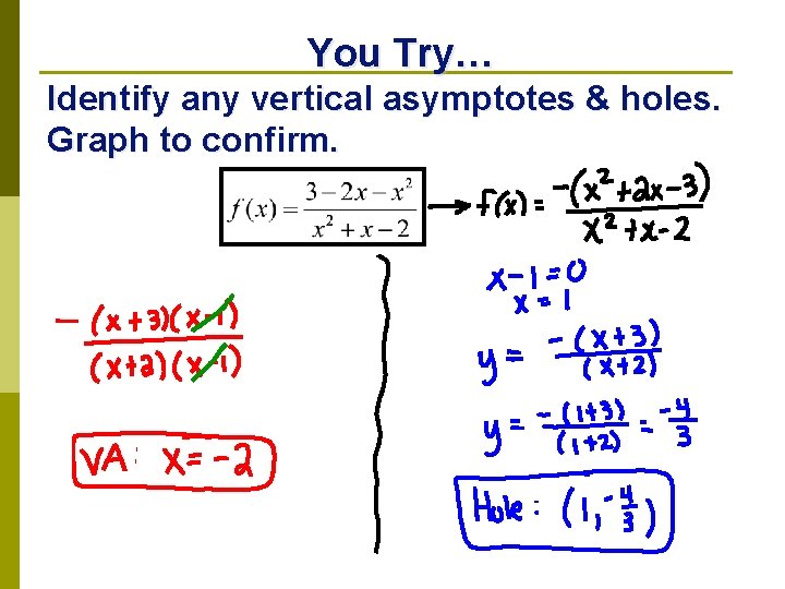 You Try… Identify any vertical asymptotes & holes. Graph to confirm. 