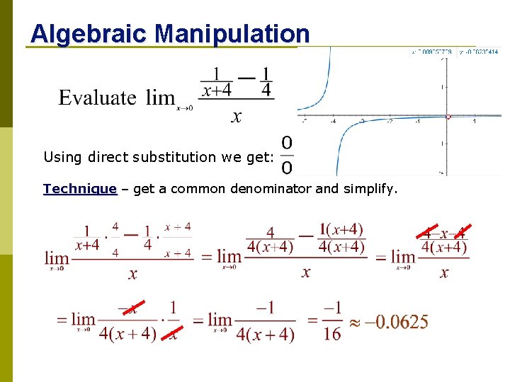 Algebraic Manipulation Using direct substitution we get: Technique – get a common denominator and