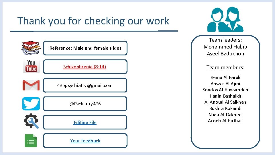 Thank you for checking our work Reference: Male and female slides Team leaders: Mohammed