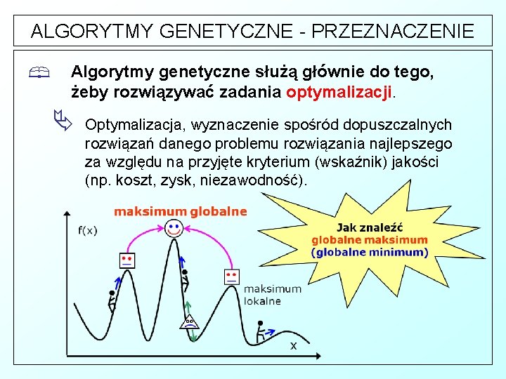 ALGORYTMY GENETYCZNE - PRZEZNACZENIE § Algorytmy genetyczne służą głównie do tego, żeby rozwiązywać zadania