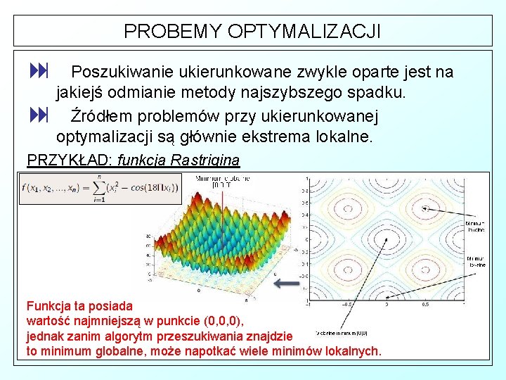 PROBEMY OPTYMALIZACJI : Poszukiwanie ukierunkowane zwykle oparte jest na jakiejś odmianie metody najszybszego spadku.