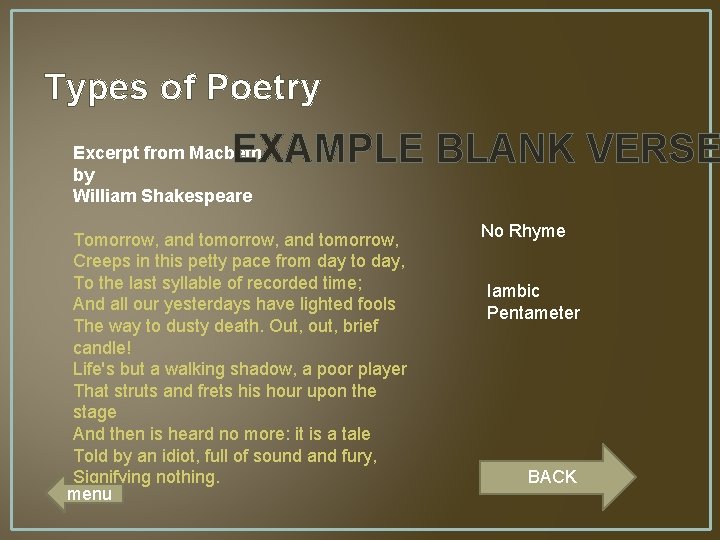Types of Poetry EXAMPLE BLANK VERSE Excerpt from Macbeth by William Shakespeare Tomorrow, and