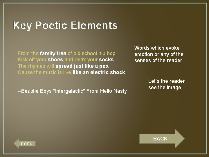 Key Poetic Elements From the family tree of old school hip hop Kick off