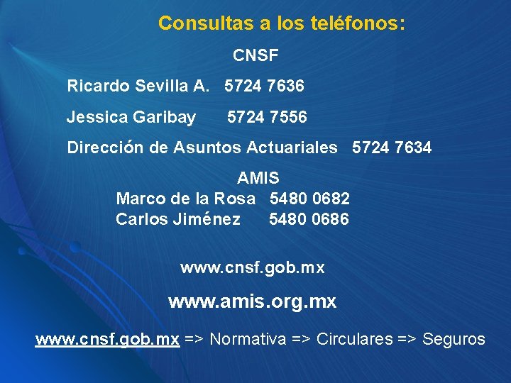 Consultas a los teléfonos: CNSF Ricardo Sevilla A. 5724 7636 Jessica Garibay 5724 7556