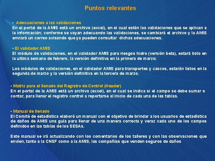 Puntos relevantes • Adecuaciones a las validaciones En el portal de la AMIS está