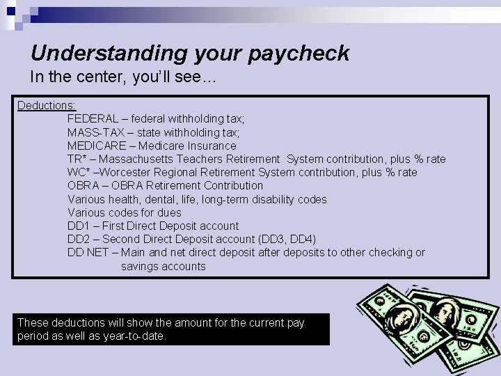 Understanding your paycheck In the center, you’ll see… Deductions: FEDERAL – federal withholding tax;