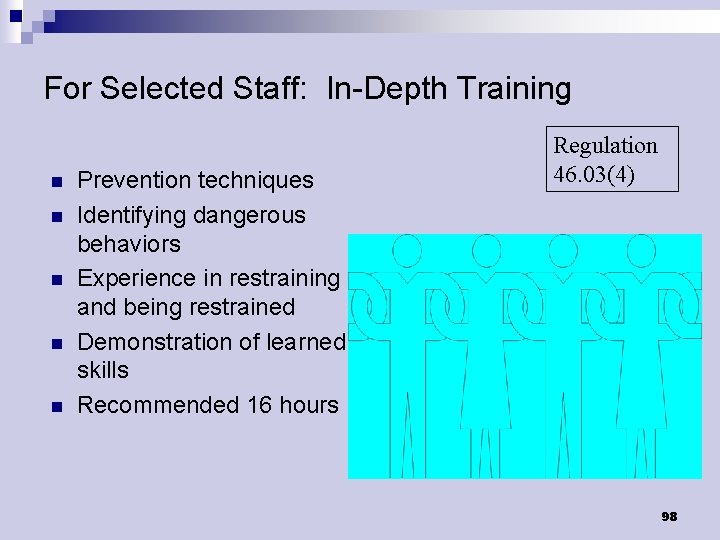 For Selected Staff: In-Depth Training n n n Prevention techniques Identifying dangerous behaviors Experience