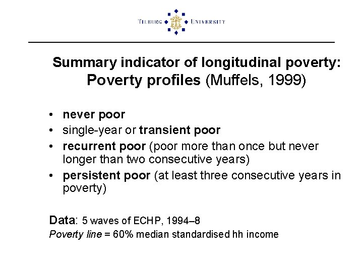 Summary indicator of longitudinal poverty: Poverty profiles (Muffels, 1999) • never poor • single-year