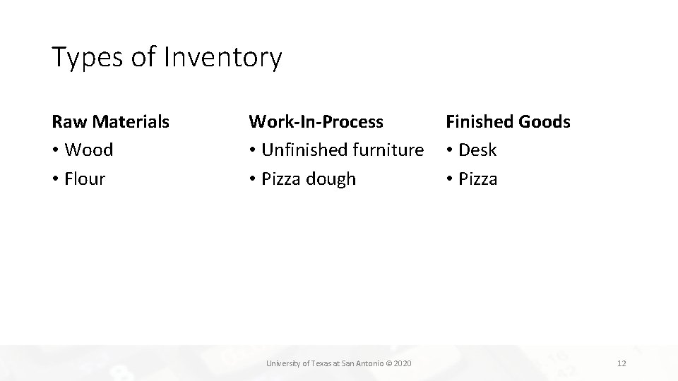 Types of Inventory Raw Materials • Wood • Flour Work-In-Process • Unfinished furniture •