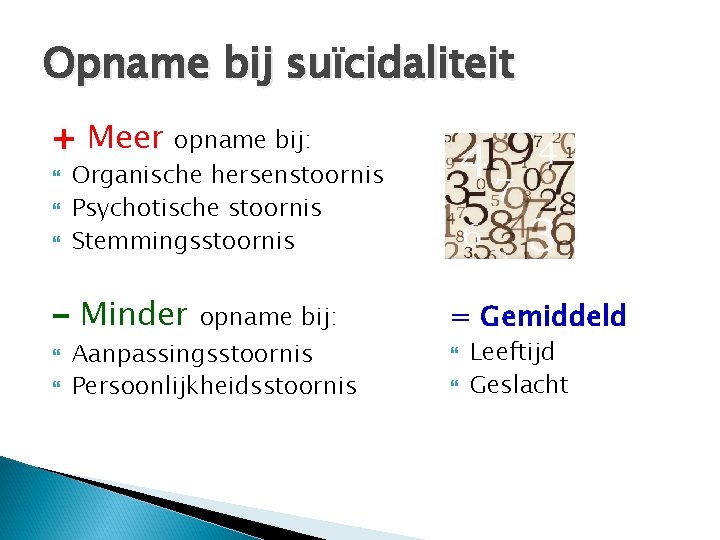 Opname bij suïcidaliteit + Meer opname bij: Organische hersenstoornis Psychotische stoornis Stemmingsstoornis - Minder