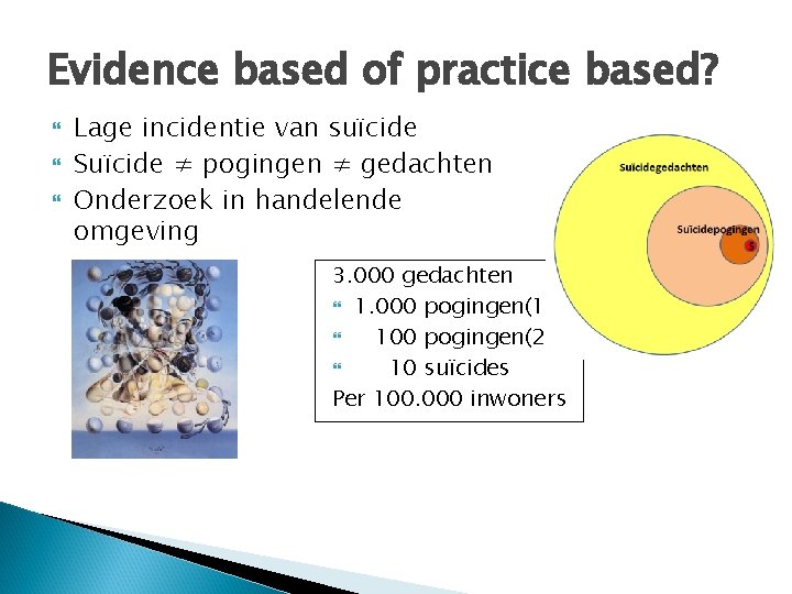 Evidence based of practice based? Lage incidentie van suïcide Suïcide ≠ pogingen ≠ gedachten