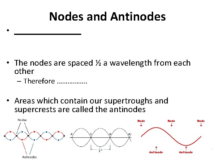 Nodes and Antinodes • ________ • The nodes are spaced ½ a wavelength from