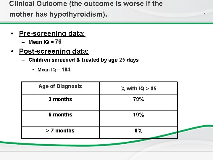 Clinical Outcome (the outcome is worse if the mother has hypothyroidism). . • Pre-screening Clinical Outcome (the outcome is worse if the mother has hypothyroidism). . • Pre-screening