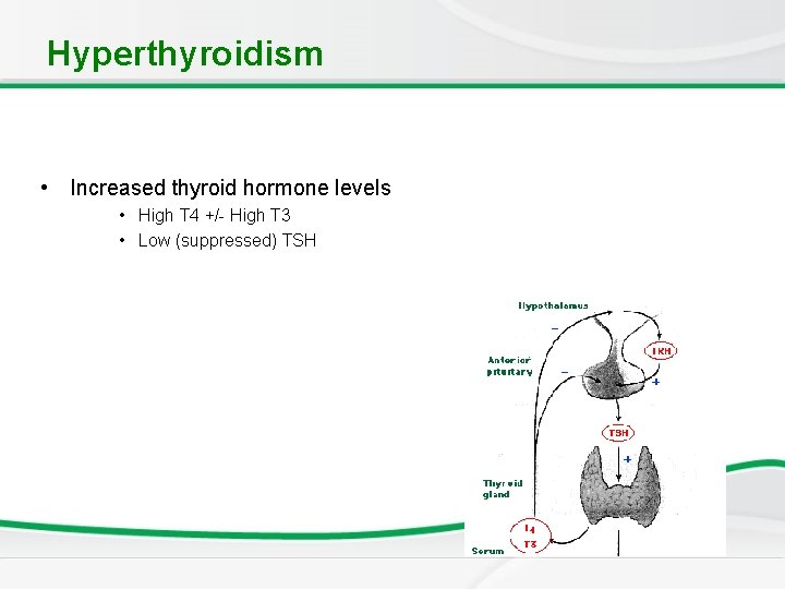 Hyperthyroidism • Increased thyroid hormone levels • High T 4 +/- High T 3 Hyperthyroidism • Increased thyroid hormone levels • High T 4 +/- High T 3
