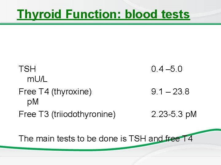 Thyroid Function: blood tests TSH m. U/L Free T 4 (thyroxine) p. M Free Thyroid Function: blood tests TSH m. U/L Free T 4 (thyroxine) p. M Free