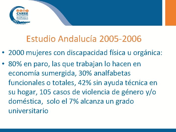 Estudio Andalucía 2005 -2006 • 2000 mujeres con discapacidad física u orgánica: • 80% Estudio Andalucía 2005 -2006 • 2000 mujeres con discapacidad física u orgánica: • 80%