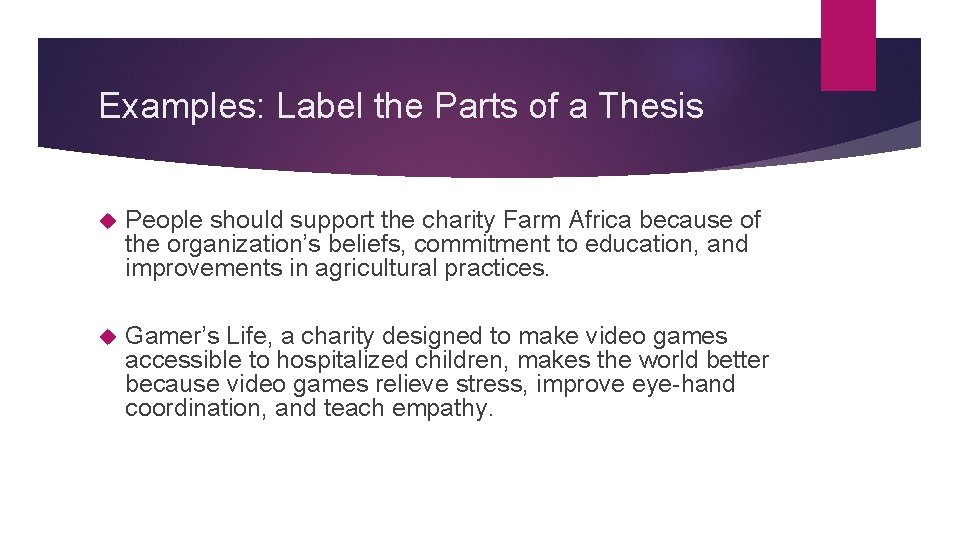 Examples: Label the Parts of a Thesis People should support the charity Farm Africa