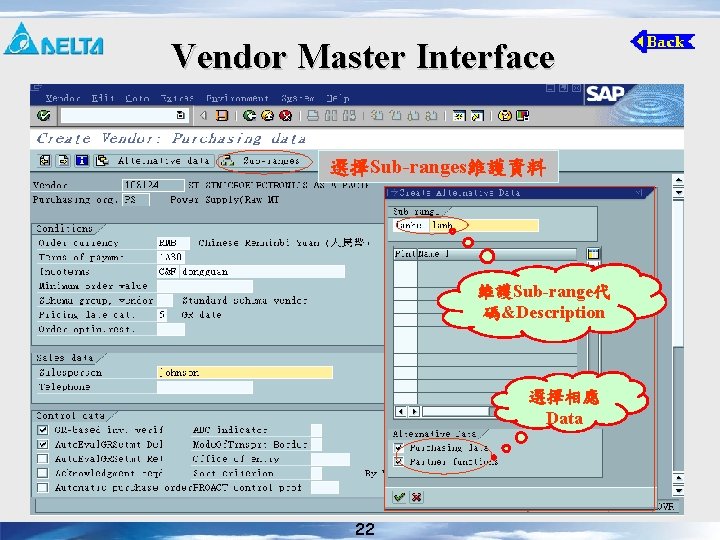 Vendor Master Interface 選擇Sub-ranges維護資料 維護Sub-range代 碼&Description 選擇相應 Data 22 
