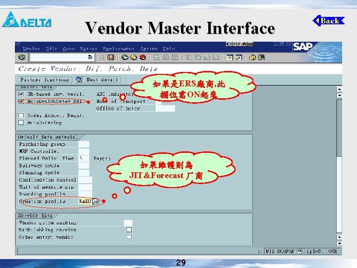 Vendor Master Interface 如果是ERS廠商, 此 欄位需ON起來 如果維護則為 JIT&Forecast 厂商 29 