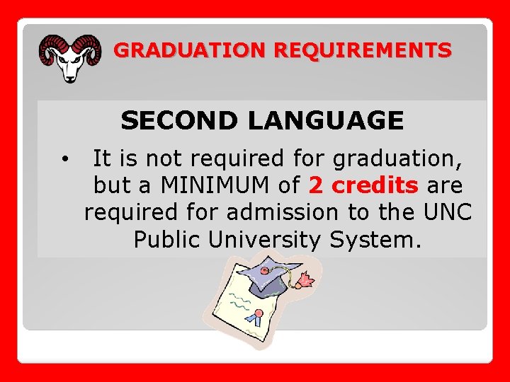 GRADUATION REQUIREMENTS SECOND LANGUAGE • It is not required for graduation, but a MINIMUM