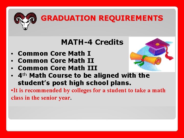 GRADUATION REQUIREMENTS MATH-4 Credits Common Core Math III 4 th Math Course to be