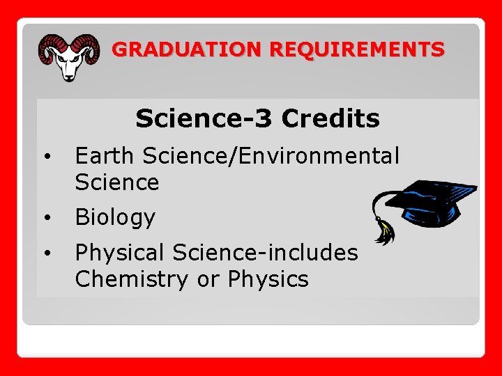 GRADUATION REQUIREMENTS Science-3 Credits • Earth Science/Environmental Science • Biology • Physical Science-includes Chemistry