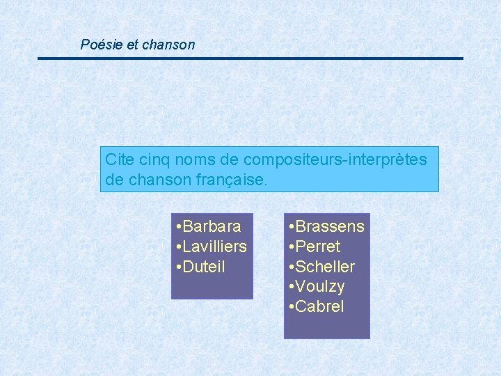 Poésie et chanson Cite cinq noms de compositeurs-interprètes de chanson française. • Barbara •