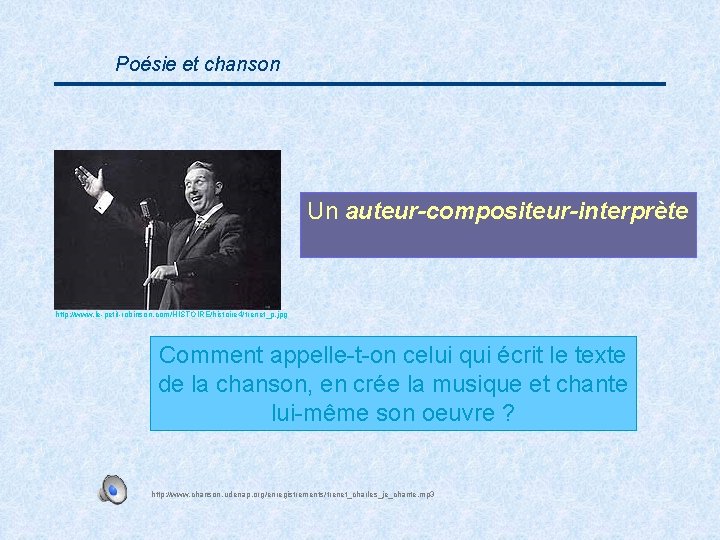 Poésie et chanson Un auteur-compositeur-interprète http: //www. le-petit-robinson. com/HISTOIRE/histoire 4/trenet_p. jpg Comment appelle-t-on celui