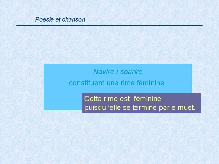 Poésie et chanson Navire / sourire constituent une rime féminine. Cette rime est féminine
