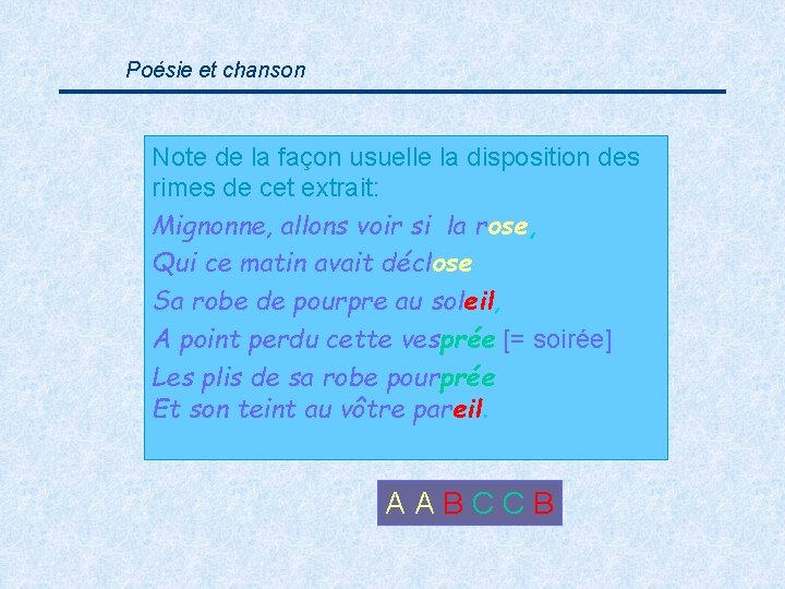 Poésie et chanson Note de la façon usuelle la disposition des rimes de cet
