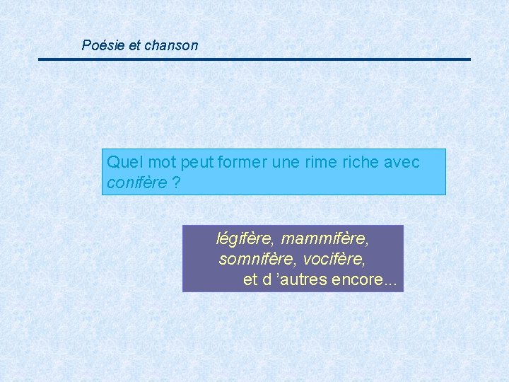 Poésie et chanson Quel mot peut former une rime riche avec conifère ? légifère,