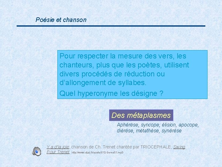 Poésie et chanson Pour respecter la mesure des vers, les chanteurs, plus que les