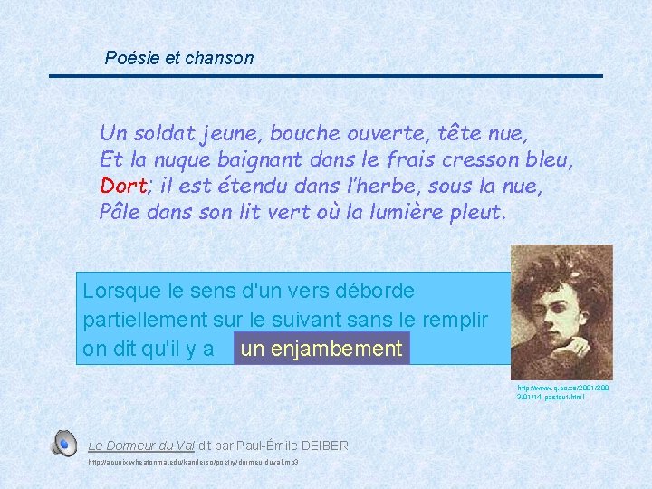 Poésie et chanson Un soldat jeune, bouche ouverte, tête nue, Et la nuque baignant