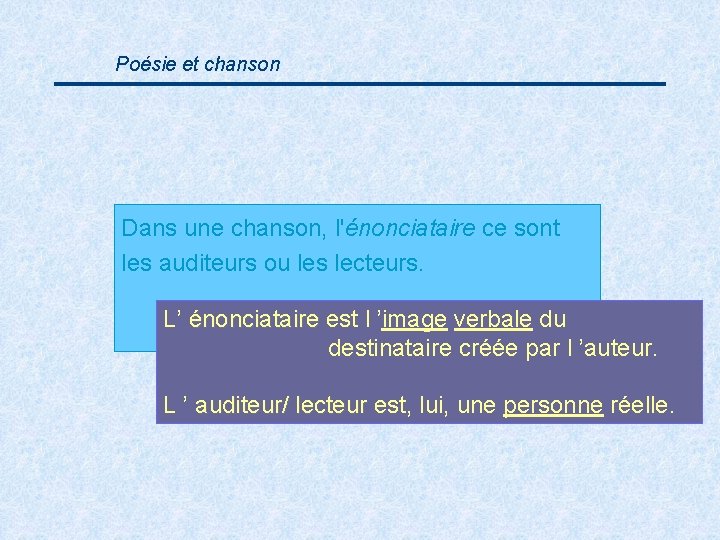 Poésie et chanson Dans une chanson, l'énonciataire ce sont les auditeurs ou les lecteurs.