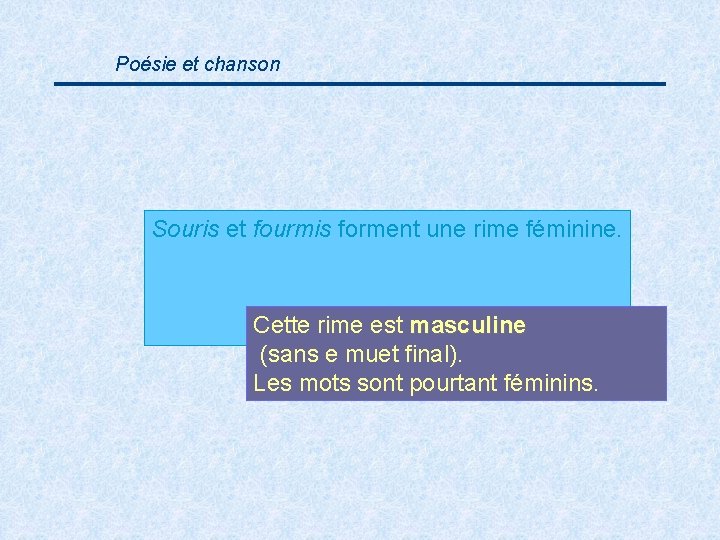 Poésie et chanson Souris et fourmis forment une rime féminine. Cette rime est masculine