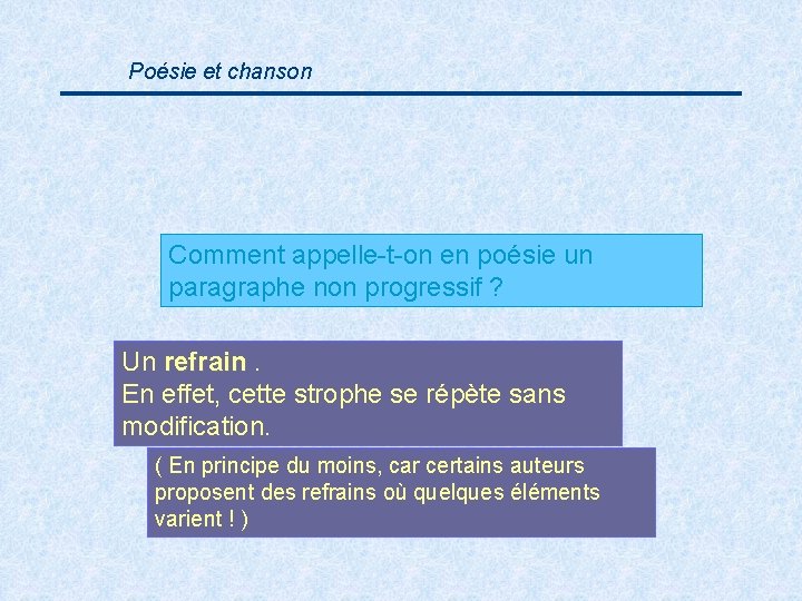 Poésie et chanson Comment appelle-t-on en poésie un paragraphe non progressif ? Un refrain